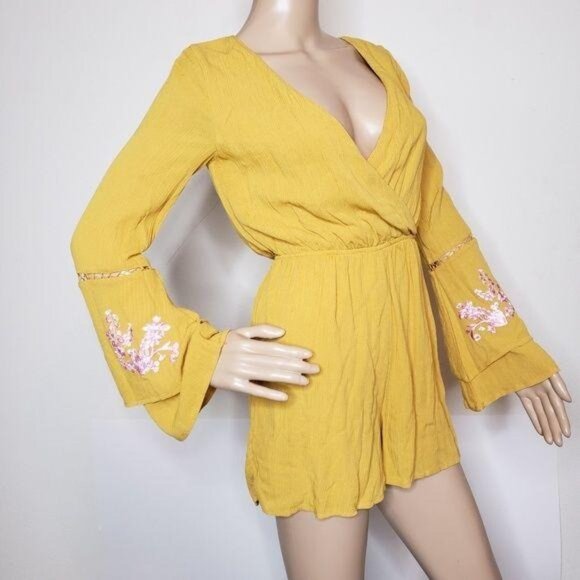 Miami Yellow Long Sleeve Wrap Romper Embroidered Bell Sleeves & Keyhole Back XXS - Picture 10 of 10